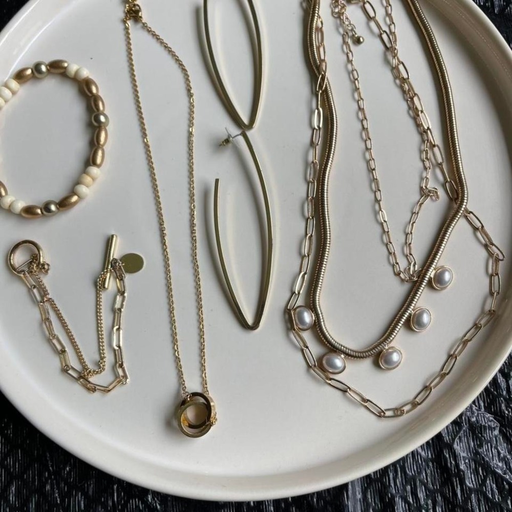 Bundle of jewelry gold tone brackets, necklaces and earrings 5 items